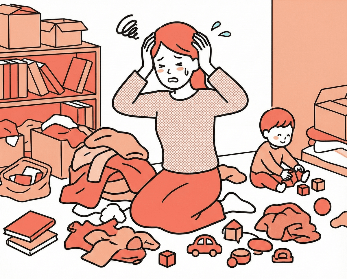 散らかった部屋で困っている様子